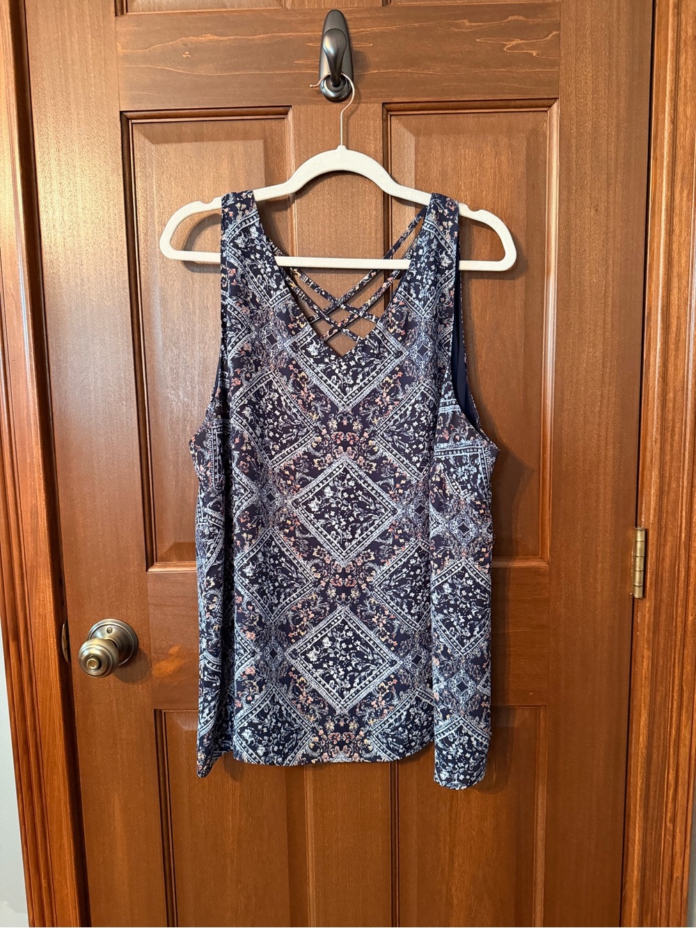 Maurices Navy and Cream Crisscross Back Printed Tank